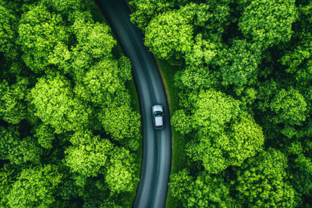 Top-down perspective of a car traveling on a road surrounded by vibrant green forest, symbolizing travel, adventure, and nature.の素材