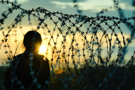 Single migrant stands near border fence, conveying emotional and physical barrier, representing forced migration, danger and international conflict.の素材