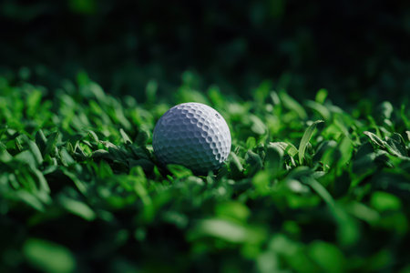 Close-up of a golf ball placed on a grassy field, perfectly set up for a clean hit during a sunny day.の素材