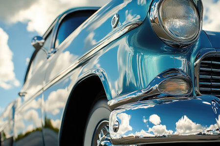 Close-up of a metallic car body reflecting blue sky and clouds, highlighting smooth polish and modern automotive design.の素材