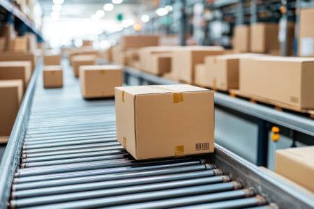 Moving parcels on conveyor belt in active logistics center, symbolizing e-commerce, delivery efficiency and warehouse automation.の素材