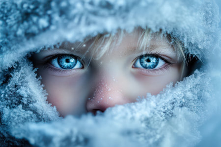 A boy stands frozen in a glowing, snowy landscape with magical atmosphere, his expression filled with wonder and stillness.の素材