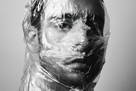 Conceptual image of man with plastic bag over face, portraying suffocation, plastic pollution, and suppression of free speech.の素材