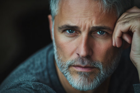 Close-up of a middle-aged man scalp showing regrown gray hair roots, symbolizing aging, time, and hormonal changes.の素材