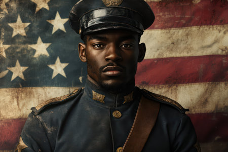 Proud African American male soldier standing in front of American flag, symbolizing service, honor, patriotism, and military strength.の素材