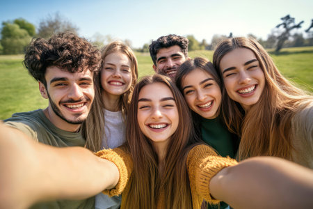 Group of cheerful young friends taking a selfie while smiling at the camera, radiating joy, fun, and social connection.の素材