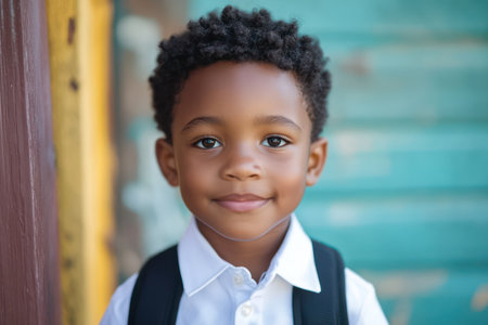 Close-up of a cheerful African American schoolboy smiling, representing education, diversity, and joyful early learning experience.の素材
