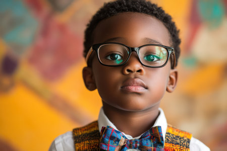 Close-up of a cheerful African American schoolboy smiling, representing education, diversity, and joyful early learning experience.の素材