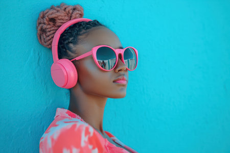 Young fashionable woman with pink headphones and sunglasses enjoys music against vibrant blue background, showing fun and youth.の素材