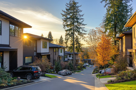 Peaceful suburban street with modern homes, trees, and glowing golden hour sunlight highlighting community living and residential comfort.の素材