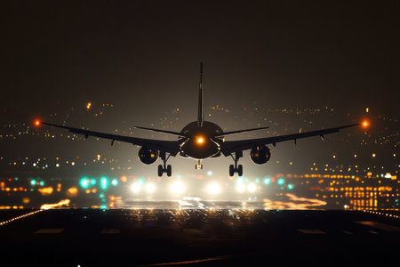 Detailed close-up of a bright landing light on airplane gear during night approach, representing aviation technology and safety.の素材