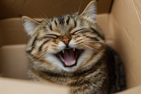 Comical cat with mouth open in laughter, comfortably sitting in a cardboard box with copy space, creating a humorous moment.の素材