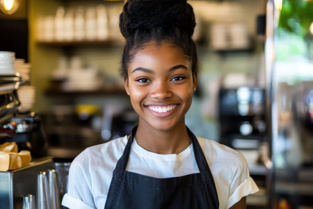 Portrait of a cheerful young female server inside cozy cafe, representing hospitality, service, and friendly customer experience.の素材