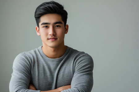 Stylish young man with arms crossed poses in minimalistic studio, expressing confidence, modern fashion, and bold presence.の素材