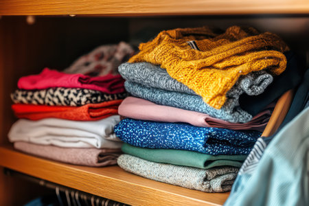 Vibrant folded garments arranged neatly on shelves in a closet, representing organization, tidiness, and home storage aesthetics.の素材