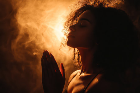 A woman experiences spiritual awakening as warm light shines on her face in a dark setting, symbolizing peace and faith.の素材