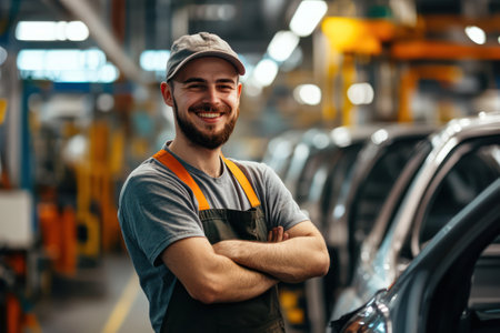 Male employee working on an automotive assembly line, smiling while engaged in industrial vehicle manufacturing and precision labor.の素材