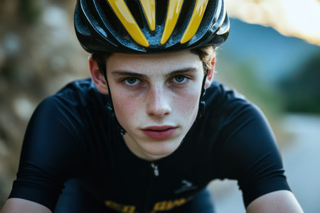 Athletic man in cycling gear and helmet rides mountain bike on rocky trail, symbolizing endurance, sport, and adventure.の素材