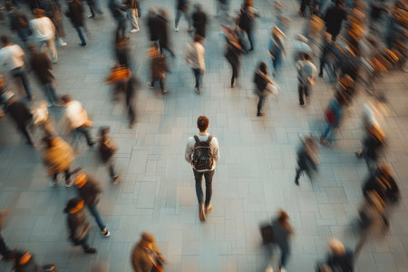 Top view of a man calmly walking through a busy crowd in motion blur, symbolizing individuality and mindfulness in chaos.の素材