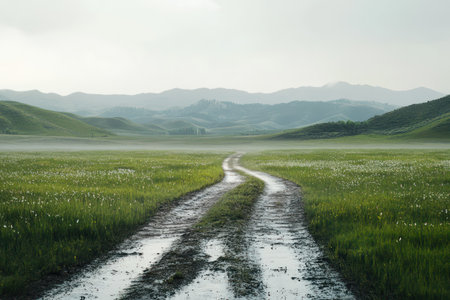 Wet dirt path with clear tire marks leads into distance under light rain, evoking calm and natural springtime atmosphere.の素材