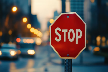 Bright red stop sign placed on busy city street corner, symbolizing urban traffic control, safety, and road signage.の素材