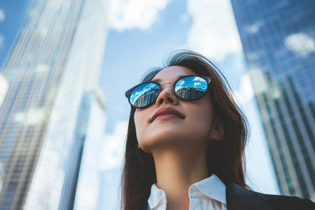 Confident woman in sunglasses stands in urban area, skyline reflected in lenses, representing corporate lifestyle and empowerment.の素材