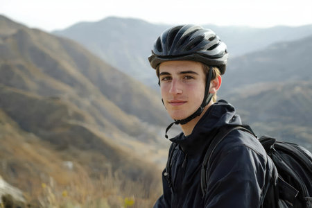 Athletic man in cycling gear and helmet rides mountain bike on rocky trail, symbolizing endurance, sport, and adventure.の素材