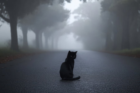 An intense close-up of a black cat sitting alone in a misty road, creating a moody, cinematic, and mysterious scene.の素材
