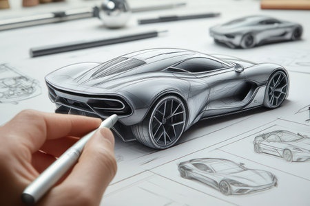 A designer's hand draws a sleek sports car that transforms from concept sketch into a fully rendered metallic vehicle in a modern studio.の素材