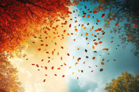 Creative illustration of the autumn equinox, featuring vibrant falling leaves across a balanced sky, symbolizing seasonal change and harmony.の素材