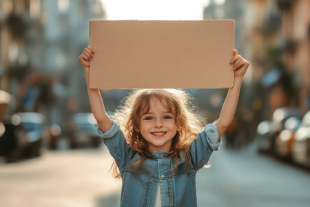 Smiling child holds empty signboard on sunny city street, ideal for customizable messages, protests or awareness campaigns.の素材