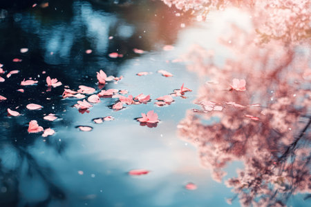 Soft cherry petals float down over still pond, reflecting calm sky and evoking a peaceful springtime atmosphere in nature.の素材