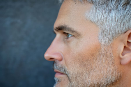 Close-up of a middle-aged man scalp showing regrown gray hair roots, symbolizing aging, time, and hormonal changes.の素材