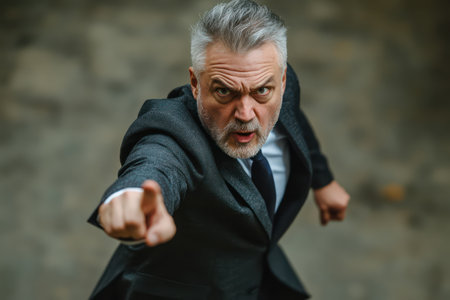 Elderly businessman in a suit furiously runs forward, pointing and yelling, symbolizing stress, urgency, or confrontation.の素材