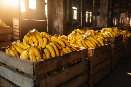 Freshly harvested ripe bananas stored in rustic wooden crates, bathed in warm warehouse sunlight, ready for market or transport.の素材