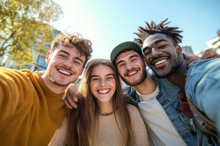 Group of cheerful young friends taking a selfie while smiling at the camera, radiating joy, fun, and social connection.の素材