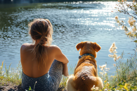 A peaceful moment with a man and his dog by the water on a sunny day, enjoying nature and companionship outdoors.の素材