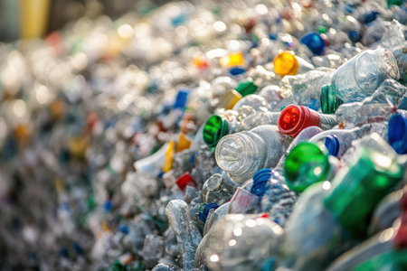 Blurry background image of large piles of plastic waste prepared for PET recycling, emphasizing environmental awareness and reuse.の素材