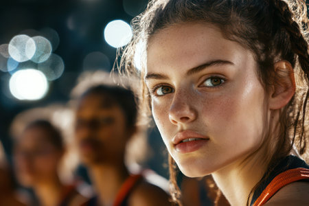 Group portrait of young girls in basketball uniforms standing confidently in gym, symbolizing youth sports, teamwork, and ambition.の素材