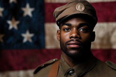 Proud African American male soldier standing in front of American flag, symbolizing service, honor, patriotism, and military strength.の素材