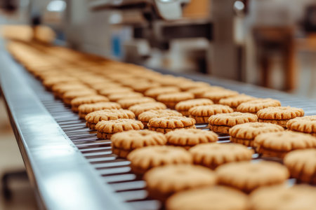 Row of cookies traveling on metal conveyor in baking factory, showcasing modern production process and snack food automation.の素材