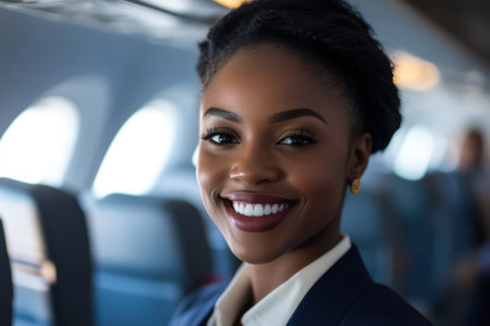 Friendly flight attendant in uniform smiling onboard a commercial plane, representing hospitality, service, and professionalism in air travel.の素材