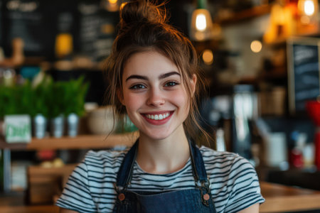 Portrait of a cheerful young female server inside cozy cafe, representing hospitality, service, and friendly customer experience.の素材