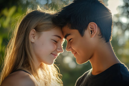 Young teenage couple in love sharing a tender, emotional moment outside, capturing the innocence and warmth of first love.の素材