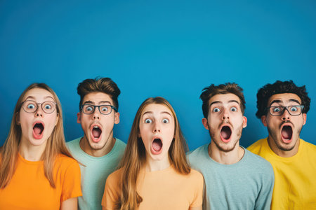 A diverse group of young people express exaggerated surprise with open mouths, creating a fun and expressive reaction scene.の素材