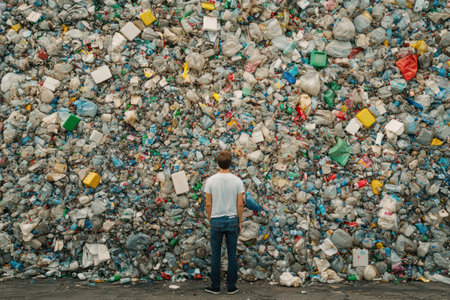 A polluted landscape filled with plastic garbage highlights the environmental impact of waste mismanagement and the urgent need for recycling.の素材