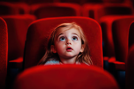 A young girl sits wide-eyed in a vibrant red theater seat, fully captivated by the movie on screen in front of her.の素材