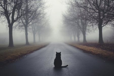 A mysterious black cat sits on a fog-covered road, surrounded by trees, evoking a haunting, atmospheric early morning mood.の素材