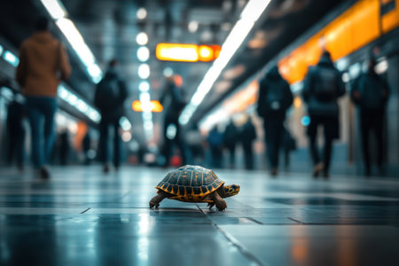 A turtle slowly walks across a metro station floor while people rush past, symbolizing slowness, patience, and urban chaos.の素材