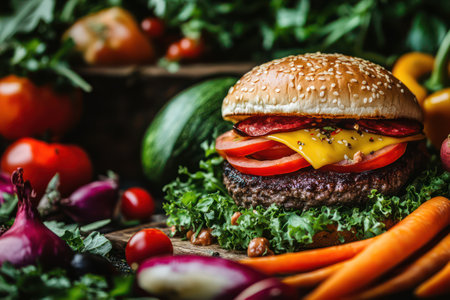 Juicy cheeseburger deconstructed mid-air with vibrant floating ingredients, emphasizing gourmet texture and appetizing visual motion.の素材